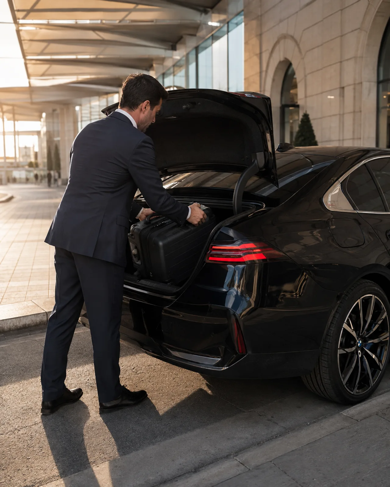 Un chauffeur prend en charge un bagage à côté de la BMW Série 5 noire.